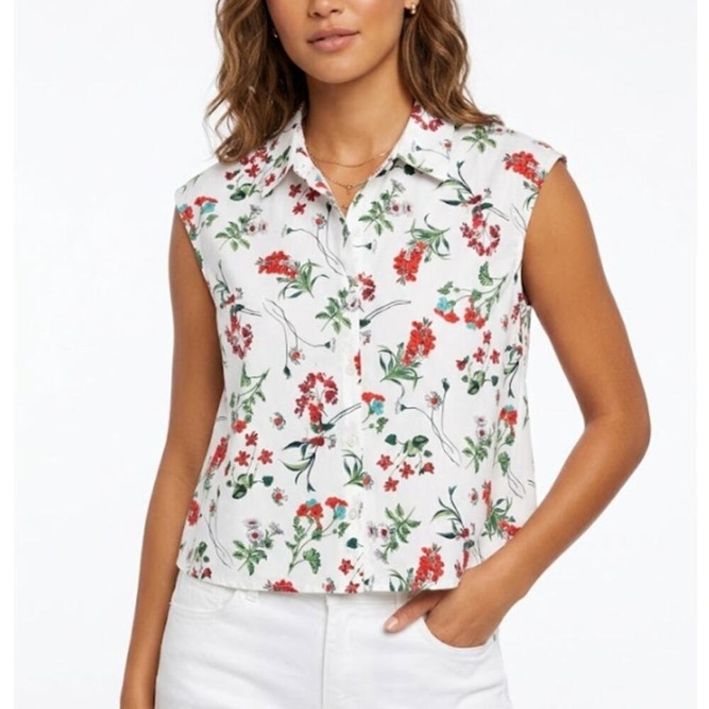 MARC NEW YORK Sleeveless Floral Button-Up Blouse Cotton White Red Womens Size L